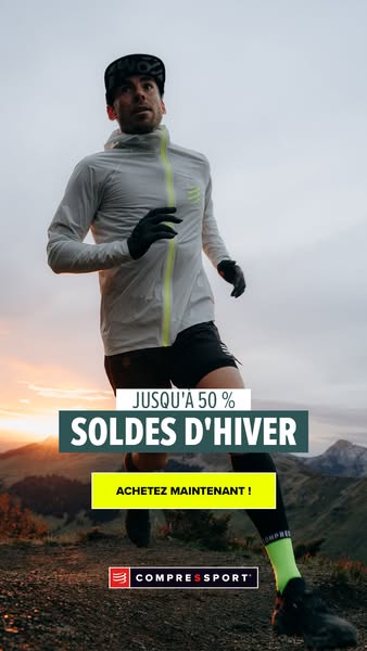This image ad for Compressport features a man running outdoors in Compressport apparel, highlighting a winter sale with 