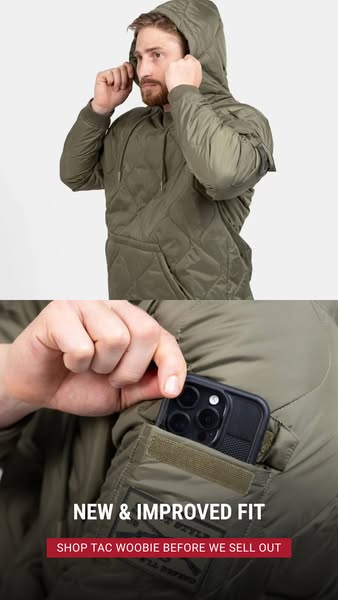 This ad showcases the Tac Woobie, highlighting its new and improved fit, and encourages viewers to purchase before it se