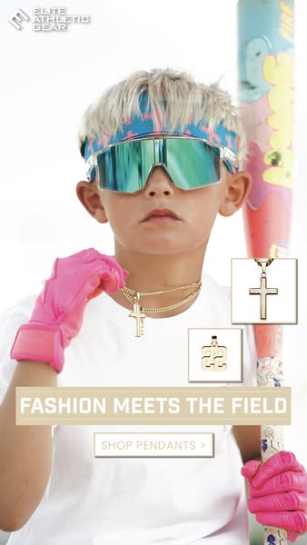 An image ad for Elite Athletic Gear displaying a young person wearing products sold by the brand, like sunglasses, neckl