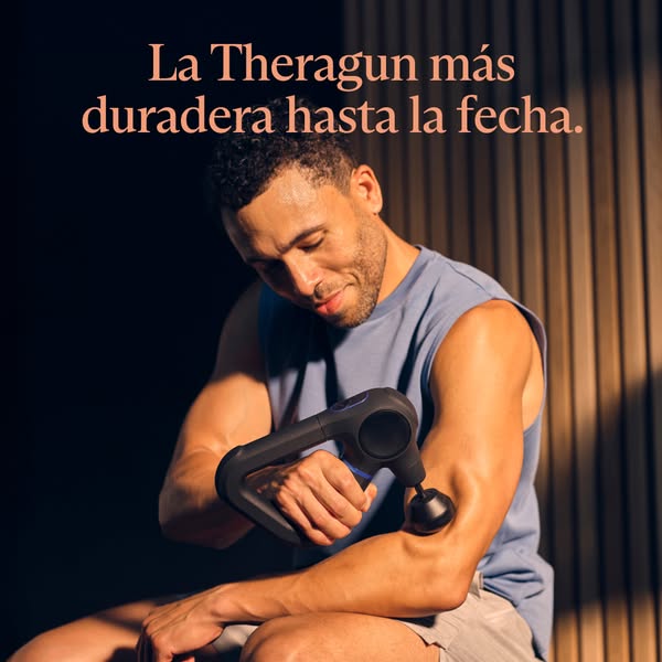 This ad promotes the Theragun, highlighting its increased durability while showing a man using it on his arm. The ad fea