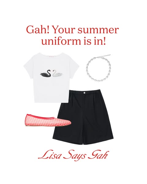 This ad for Lisa Says Gah features a summer outfit that includes a shirt, pair of shorts, shoes, and necklace.