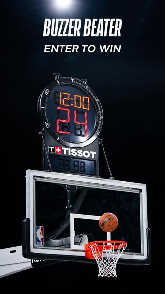 This ad promotes a sweepstakes for a chance to win. The ad features a basketball theme with a basketball hoop and a scor