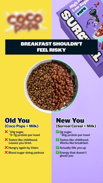 This ad uses a side-by-side comparison to highlight the benefits of Surreal cereal over Coco Pops, focusing on sugar con