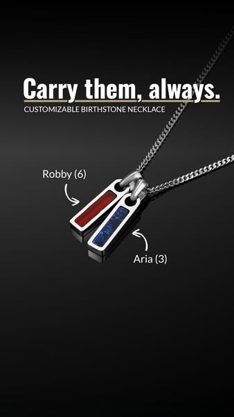 This ad features a customizable birthstone necklace, emphasizing the sentimental value of carrying loved ones with you a