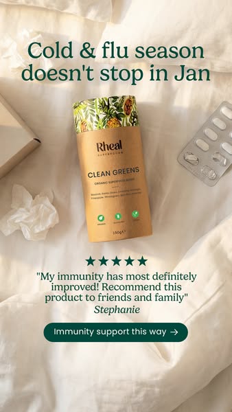 This static image ad for Rheal Clean Greens features a product shot on a bed, targeting consumers looking for immunity s
