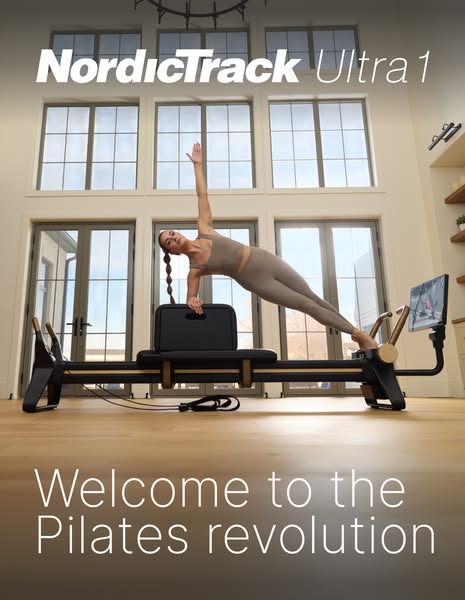This image ad features NordicTrack's Ultra 1 pilates machine, showcased in a home setting with a woman demonstrating