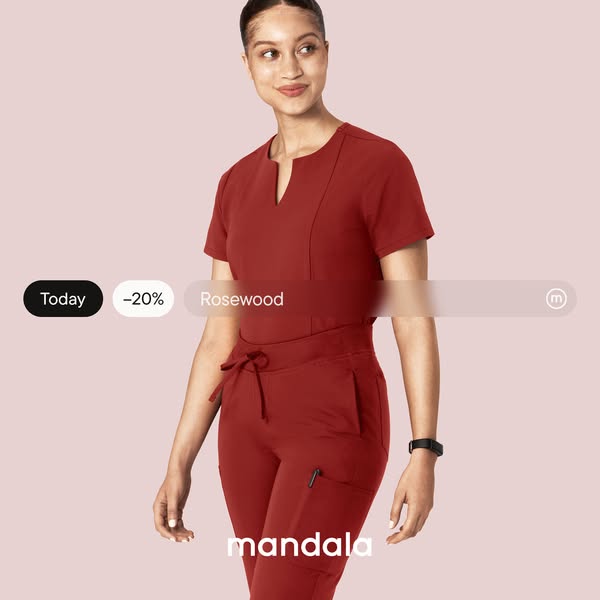 This ad showcases a person wearing a rosewood-colored scrub set from Mandala, highlighting a limited-time offer.