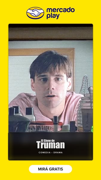 This ad features a recognizable movie scene from "The Truman Show" on the Mercado Play platform. It presents t