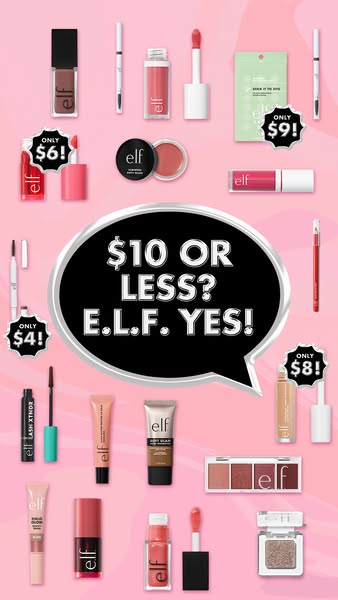 This ad features a variety of e.l.f. cosmetics products, all priced at $10 or less. The ad uses a pink background and in