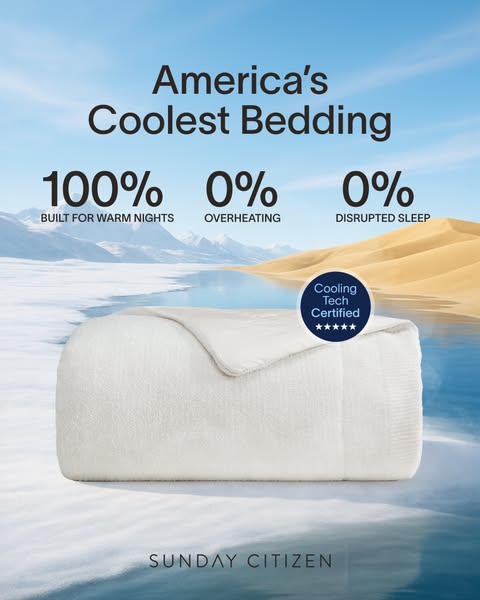 This image ad for Sunday Citizen bedding highlights its cooling technology, promoting it as "America's Coolest 