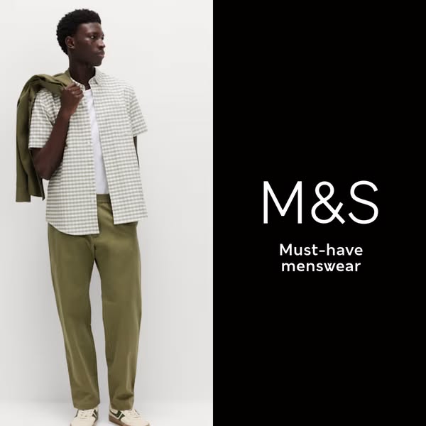 This ad from M&S showcases men's clothing in a vertically split design. On the left, a man is shown wearing the 