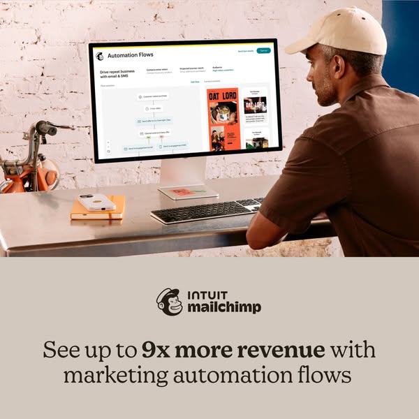 This ad promotes Mailchimp's marketing automation flows, highlighting their potential to increase revenue for busine