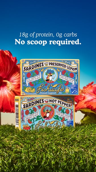 This ad for Fishwife tinned seafood highlights the sardines with preserved lemon and hot pepper varieties, emphasizing t