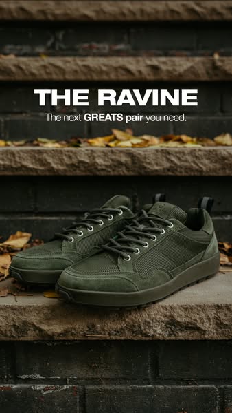 This ad showcases Greats' new Ravine sneakers. The ad highlights the product against a background of stone steps and