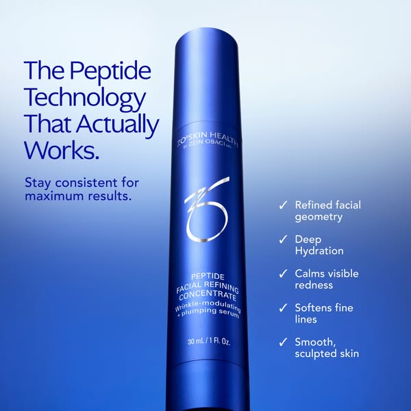 An image ad for ZO Skin Health Peptide Facial Refining Concentrate wrinkle-modulating and plumping serum, highlighting t