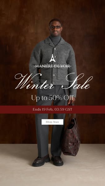 A sale ad for Manière De Voir featuring a man wearing the brand's clothing and holding a bag from the brand.