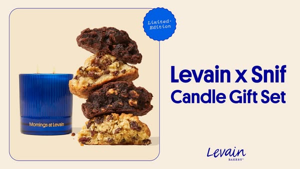 This ad showcases a limited-edition candle gift set in collaboration between Levain Bakery and Snif. The visual elements