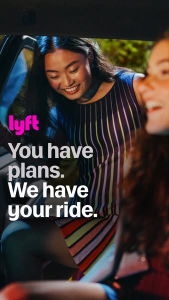 This image ad for Lyft features a woman getting into a Lyft car with a friend already inside. The ad highlights the conv