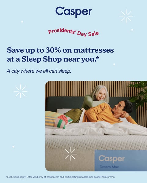 An image ad for Casper's President's Day Sale featuring up to 30% off mattresses at a Sleep Shop near you.