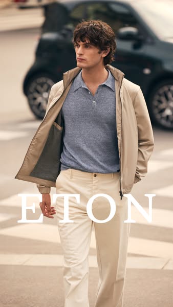 Image ad for Eton clothing featuring a man in a jacket, polo shirt, and pants.