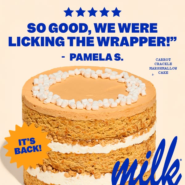 Image promoting Milk Bar's Carrot Crackle Marshmallow Cake featuring a customer testimonial.