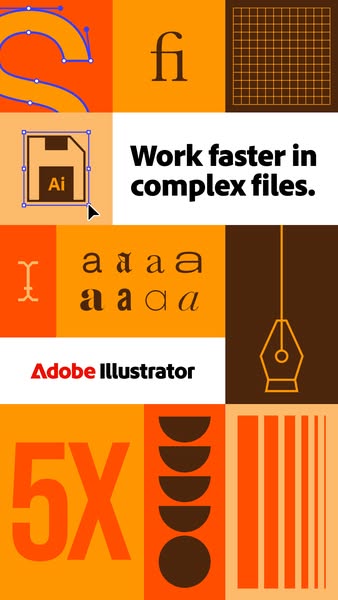 This ad for Adobe Illustrator highlights the software's ability to work faster in complex files. The ad uses a grid 