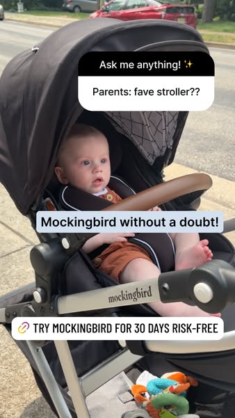 This ad features a baby in a Mockingbird stroller. The ad uses a question sticker asking parents for their favorite stro