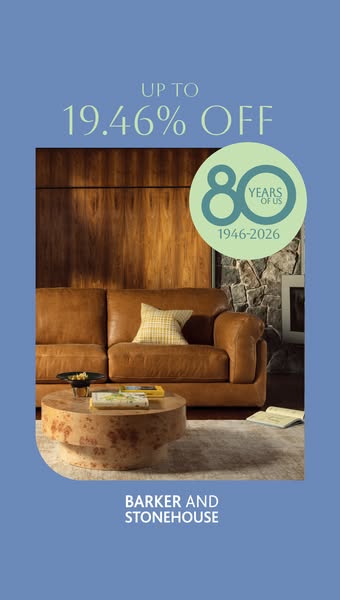 This image ad promotes Barker and Stonehouse's 80th anniversary with a discount of up to 19.46%. The ad features a s