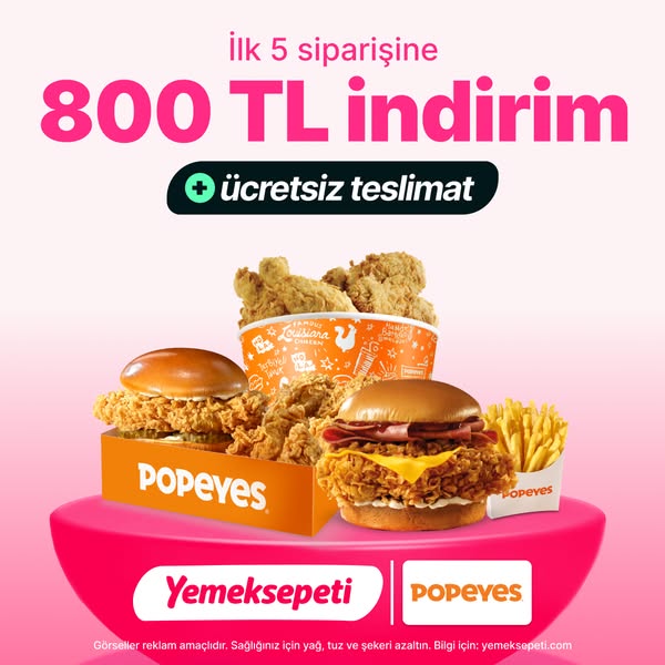 This ad showcases Popeyes menu items on a pink pedestal with a discount and free delivery offer for the first 5 orders v