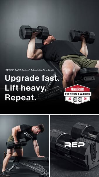 This ad demonstrates the REP adjustable dumbbell in use, highlighting its versatility through exercises and emphasizing 