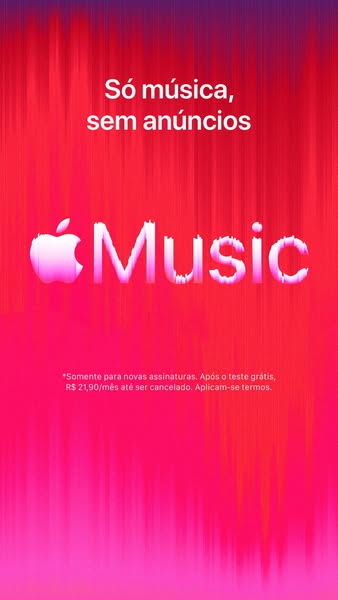 This image ad for Apple Music promotes ad-free listening. The ad features a vibrant pink and purple background with the 