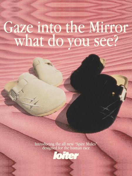 This ad showcases the new "Spire Mules" from Loiter, designed for the human race. The ad features two mules, o