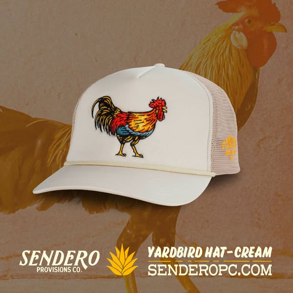 This is an image ad for Sendero Provisions Co. The image features a cream colored hat in front of a background with a bl