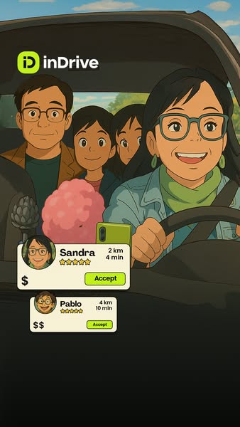 This animated ad for inDrive, an application for booking rides, shows a cartoon family in a car and ride offers popping 