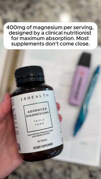 An ad for JSHealth Vitamins Advanced Magnesium+ product, which is designed by a clinical nutritionist for maximum absorp