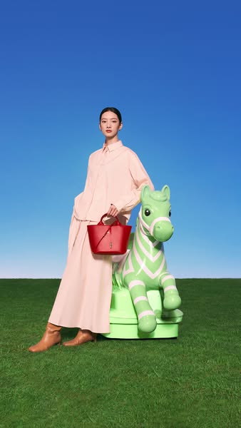 This ad features a woman in a monochromatic outfit standing next to a toy horse, holding a red purse. The ad is set agai