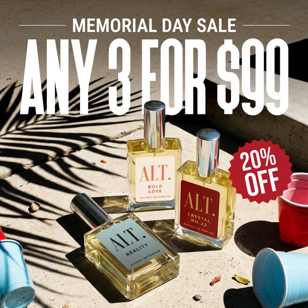 This image ad is for ALT. Fragrances and promotes a Memorial Day sale. It features three bottles of fragrance and advert