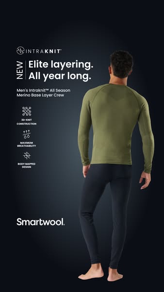 An ad for Smartwool's Intraknit All Season Merino Base Layer Crew. The ad focuses on the product's design and co