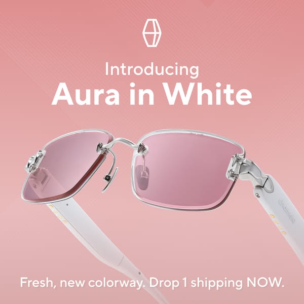 This image ad introduces the white colorway of the Aura glasses.