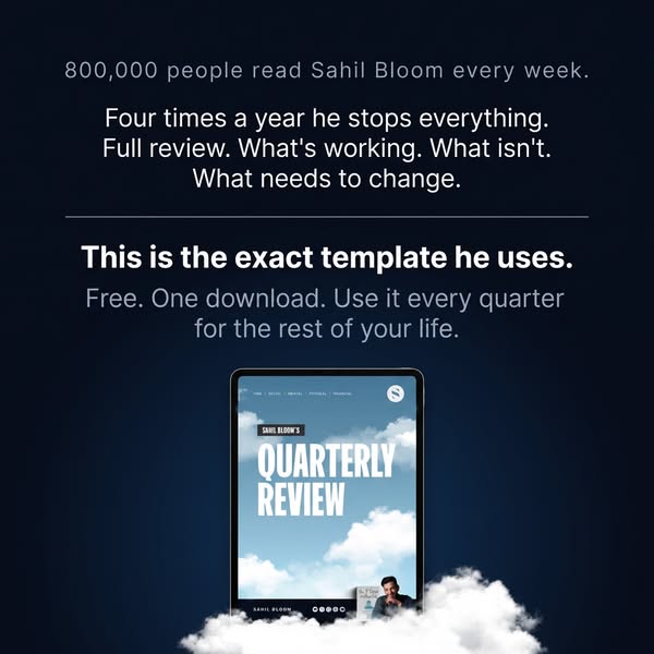 This image ad promotes a free template for quarterly reviews from Sahil Bloom. It features a quote about his readership