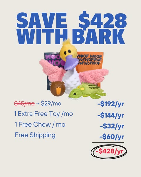 This ad promotes savings with Bark, highlighting the monthly and yearly savings a customer can receive.