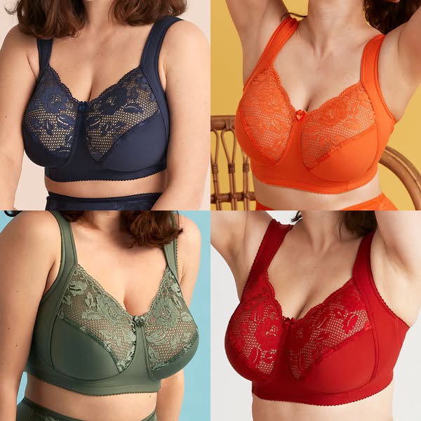 This image ad showcases four different colored bras with lace details. The ad is likely intended for women looking for c