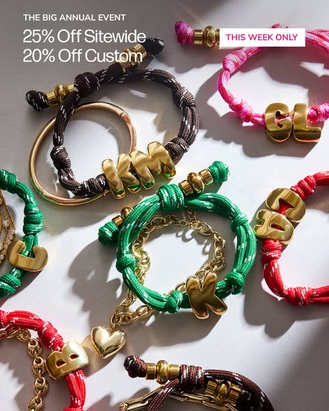 This ad features a variety of bracelets with customization options along with an offer for 25% off sitewide and 20% off 
