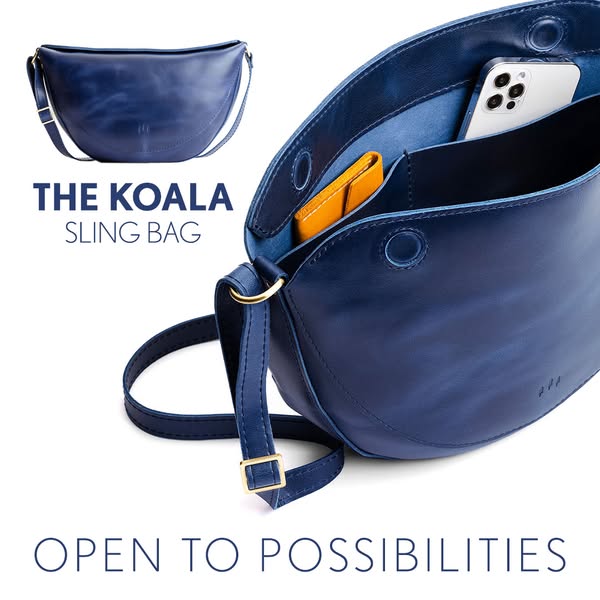 This ad showcases a blue leather sling bag, highlighting its design and functionality with an emphasis on its spacious i
