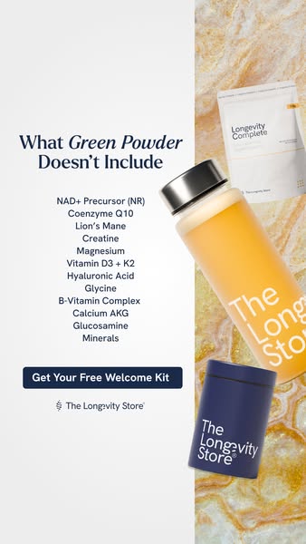 This ad for The Longevity Store uses a light and bright color palette with minimalist text to emphasize what is NOT incl