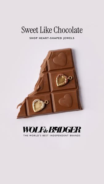 An image ad promoting heart-shaped jewelry from Wolf & Badger, presented alongside a milk chocolate bar with heart-s