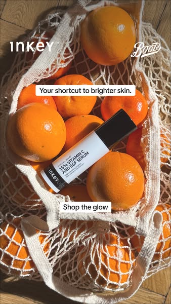 This ad features a vitamin C serum from The Inkey List in a lifestyle setting, promoting brighter skin.