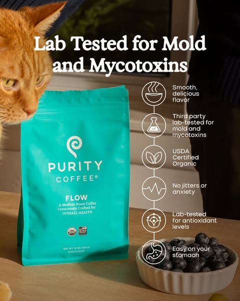 An ad for Purity Coffee, highlighting that it is lab tested for mold and mycotoxins. The ad also highlights other attrib