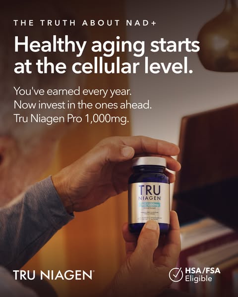 This image ad for Tru Niagen highlights the product's ability to promote healthy aging at the cellular level. It emp
