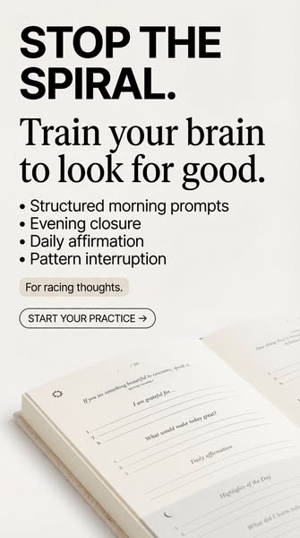 This ad promotes a journal that helps train your brain to focus on the positive by offering daily structure and prompts 